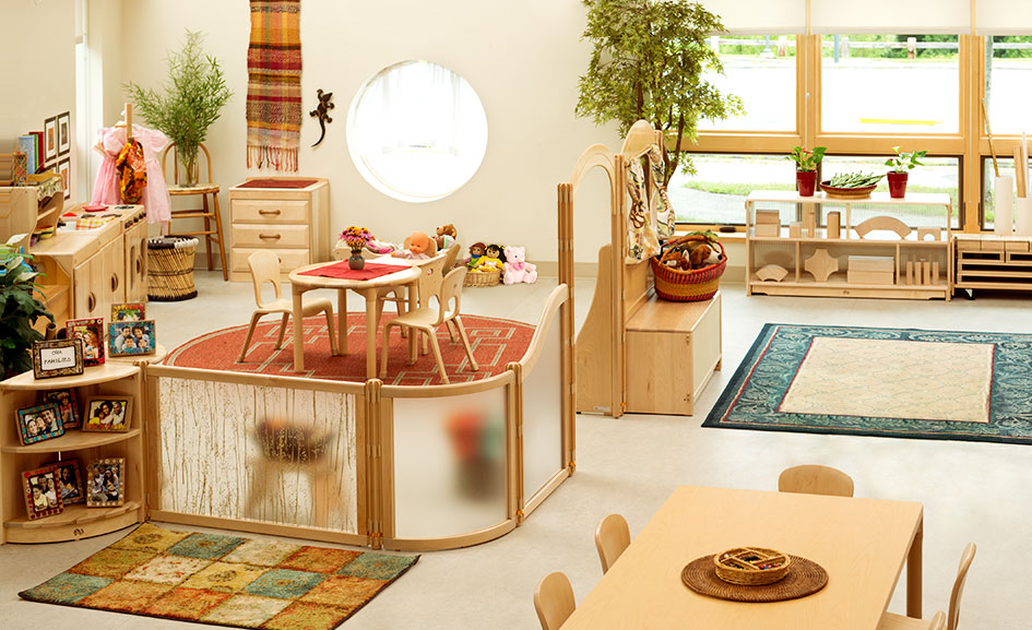 A classroom set up with Community Playthings furniture. 