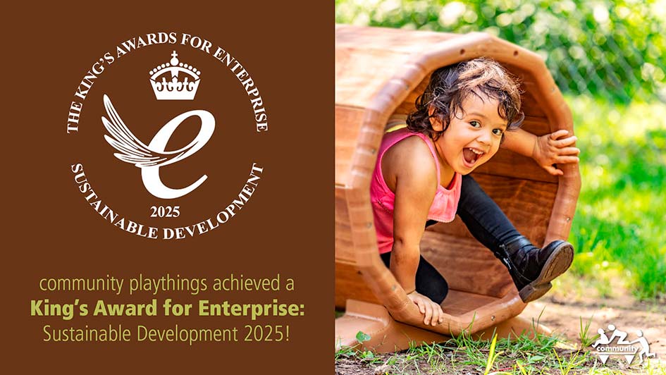 The kings award log on a brown background with a picture of a child crawling through an Outlast tunnel.