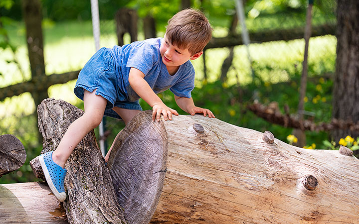 A boy carefully climbing over a large tree trunk during outdoor playtime.