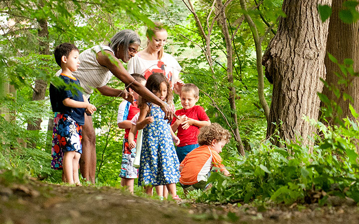 A group of children and two adults observing something interesting in a forest during a nature walk.
