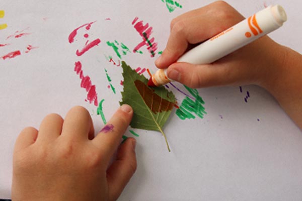 child‘s hands colouring leaf