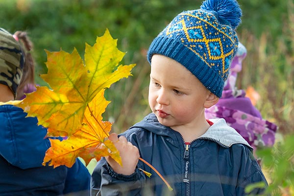 boy in hat holding autumn leaves