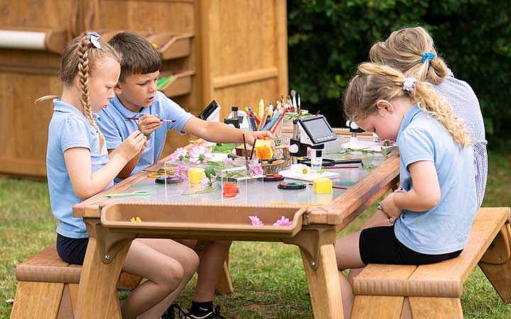 A group of children engaging in outdoor messy play at a wooden mud kitchen. A young child in a green jacket is focused on mixing ingredients in a red tray, while others in the background explore additional play activities.