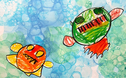 childrens art on a bubble print background
