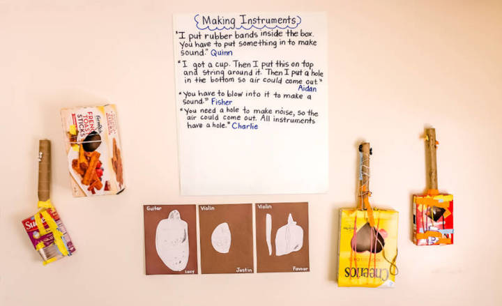 Simple instruments out of cardboards and rubber bands made with young children, and some quotes from children thinking about musical instruments