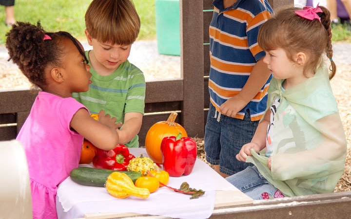 Three young children sit around a small table covered with fresh vegetables, including peppers, gourds, and squash. They appear engaged in role play in an outdoor playhouse.