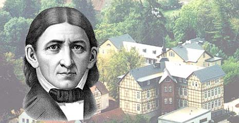 Portrait of Friedrich Froebel on the background of the village of Keilhau