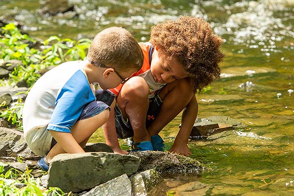 2 children playing in stream