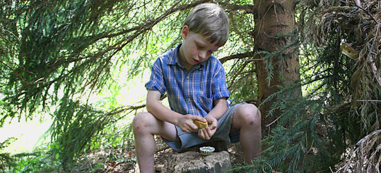 a boy playing in the woods