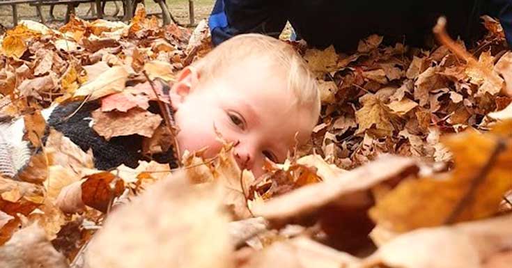 A toddler smiling and looking out from under a pile of leaves.