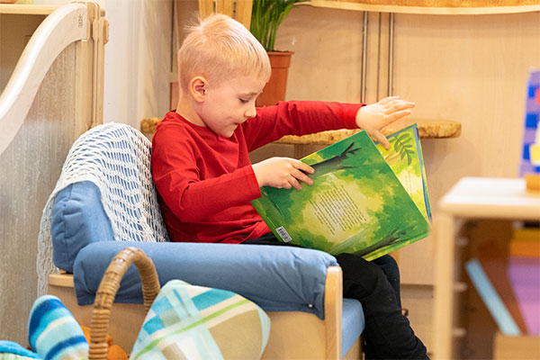 little boy looking at a picture book