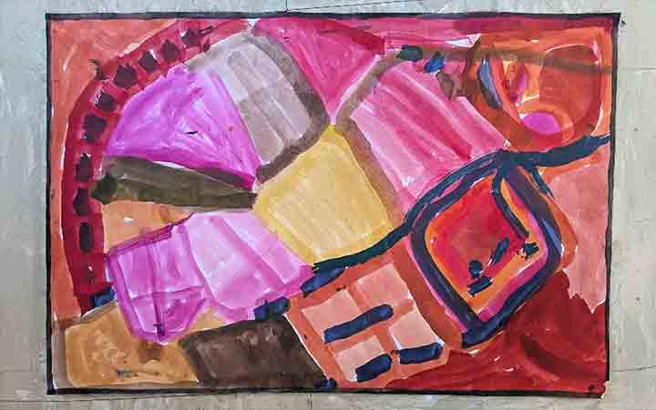 A two year olds painting with geometric shapes of pink and orange.