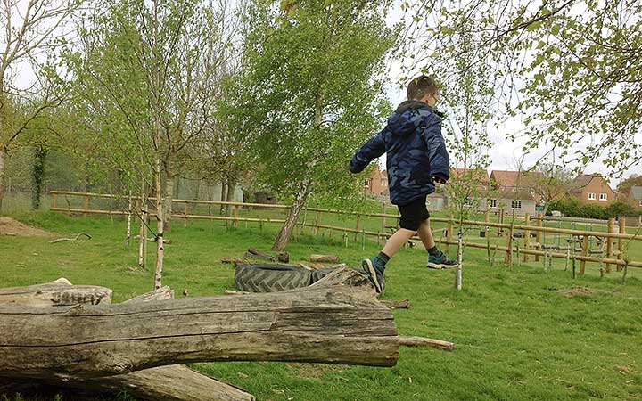 Boy stepping off a log