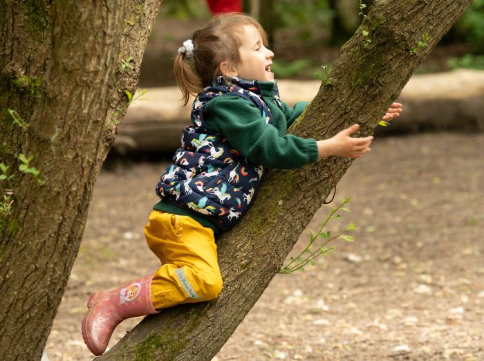 Girl climbing a tree trunk