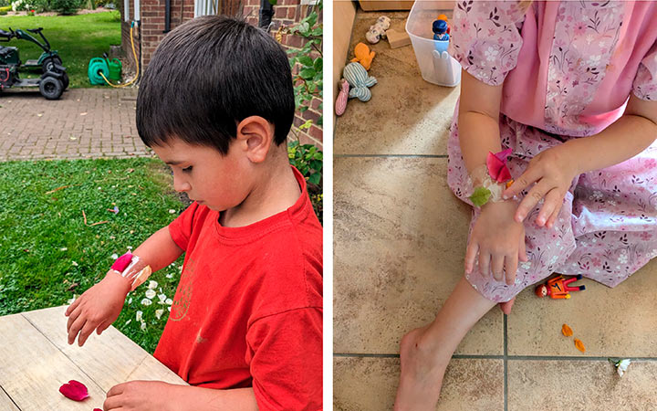 children sticking petals to sellotape