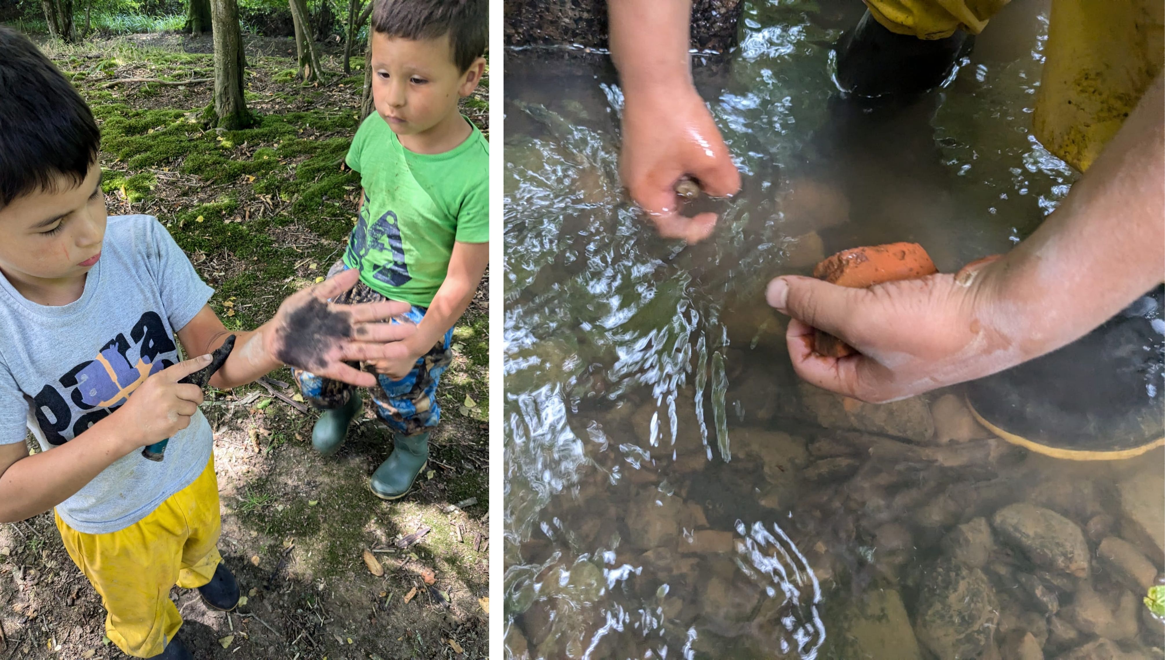 2 boys playing in stream