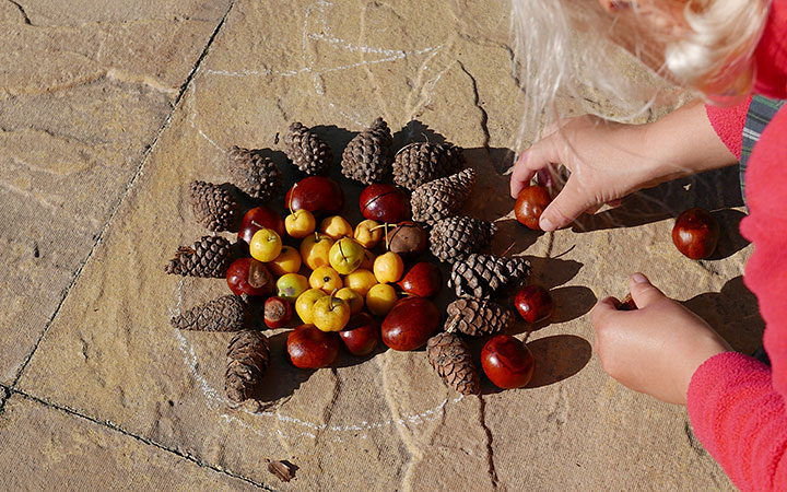 Girl’s hand adding conker to nature pattern