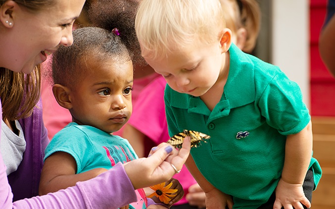 2 kids looking at butterfly