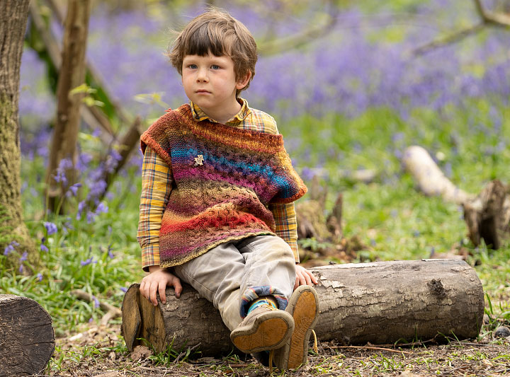 boy sitting on log in woods, bluebells in background