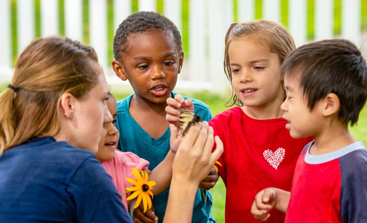 Some children looking at a butterfly with a practitioner