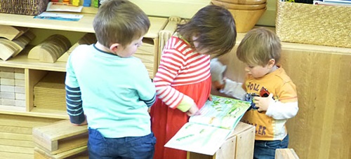 Three young children looking at a picture book