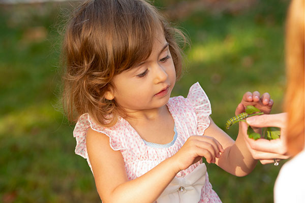 young child looking at a green caterpillar