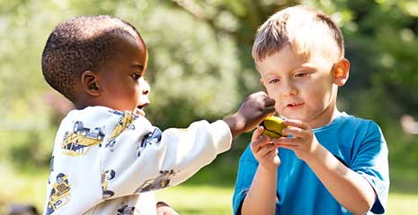 Two boys playing with pebble lady bugs.
