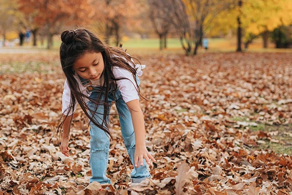 girl bending down to touch fallen leaves by Andrew Donovan