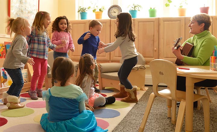 Children in a nursery are dancing while a teacher is singing and playing guitar 