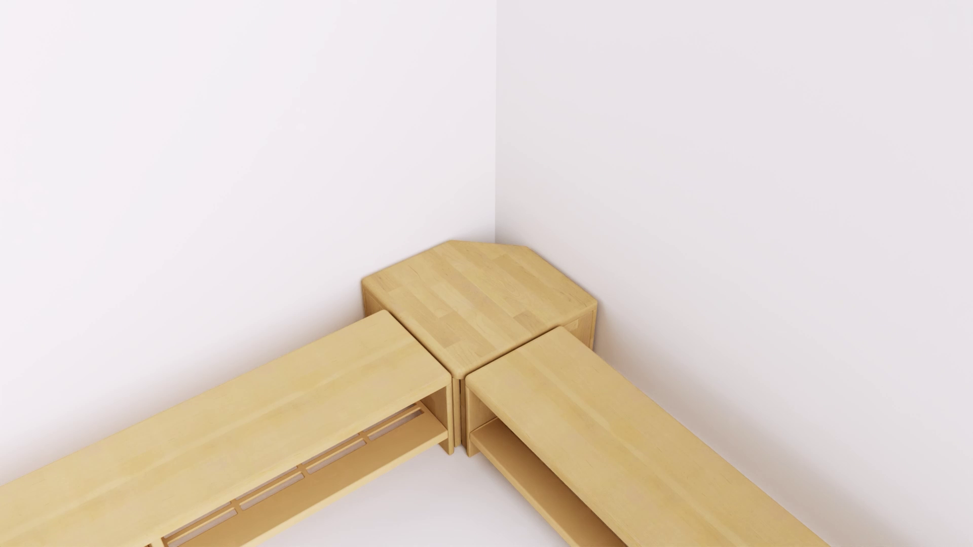A light wood corner bench with two attached benches extending outwards, against a white wall.