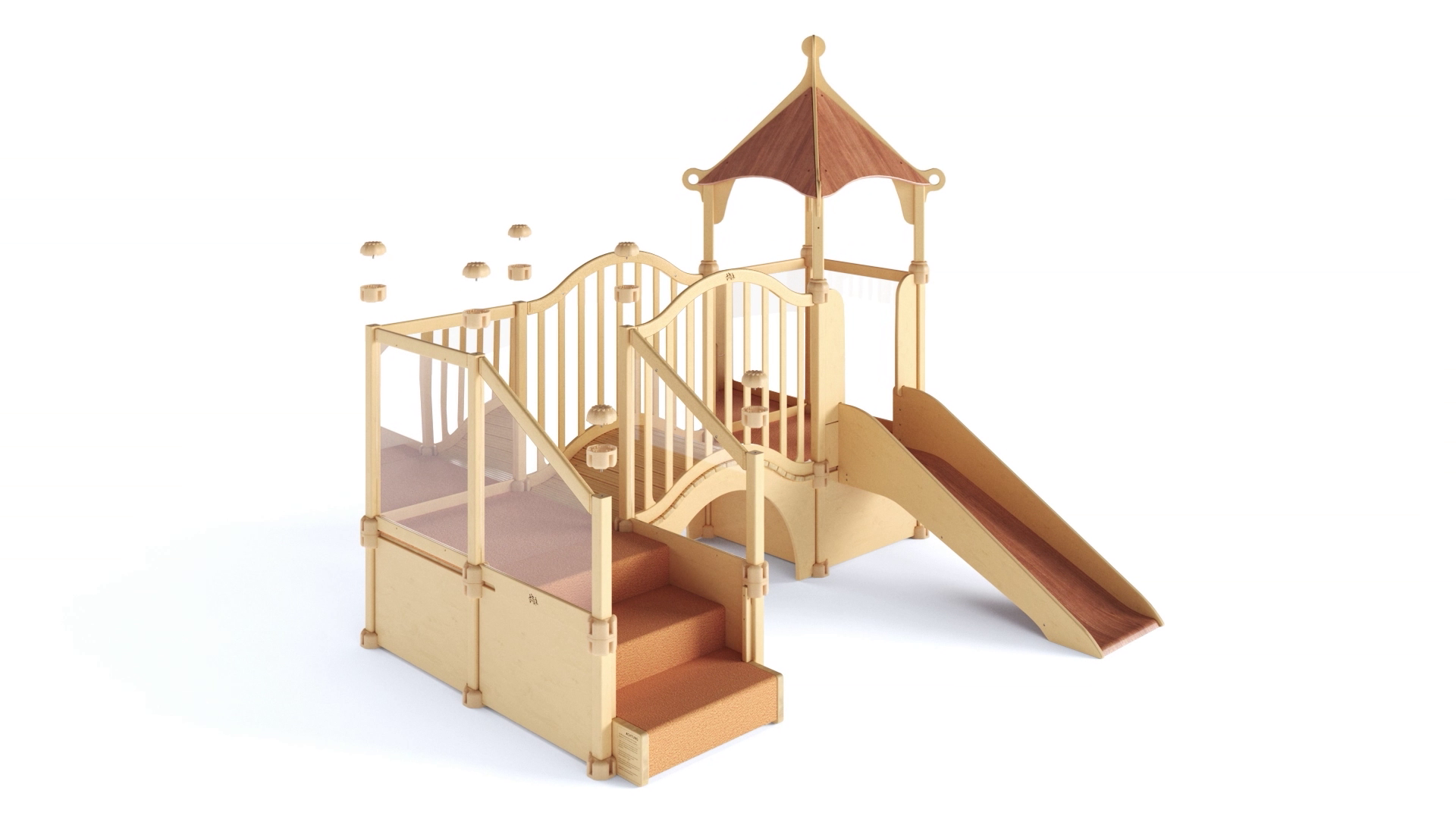 Nursery Gym assembly with steps, slide, and a turreted roof section, against a white background.