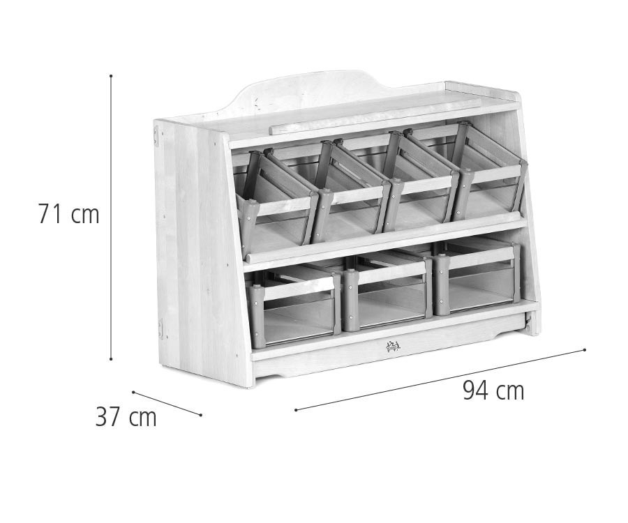 Craft shelf with Clear carry crates for art and creative area storage with dimensions written in