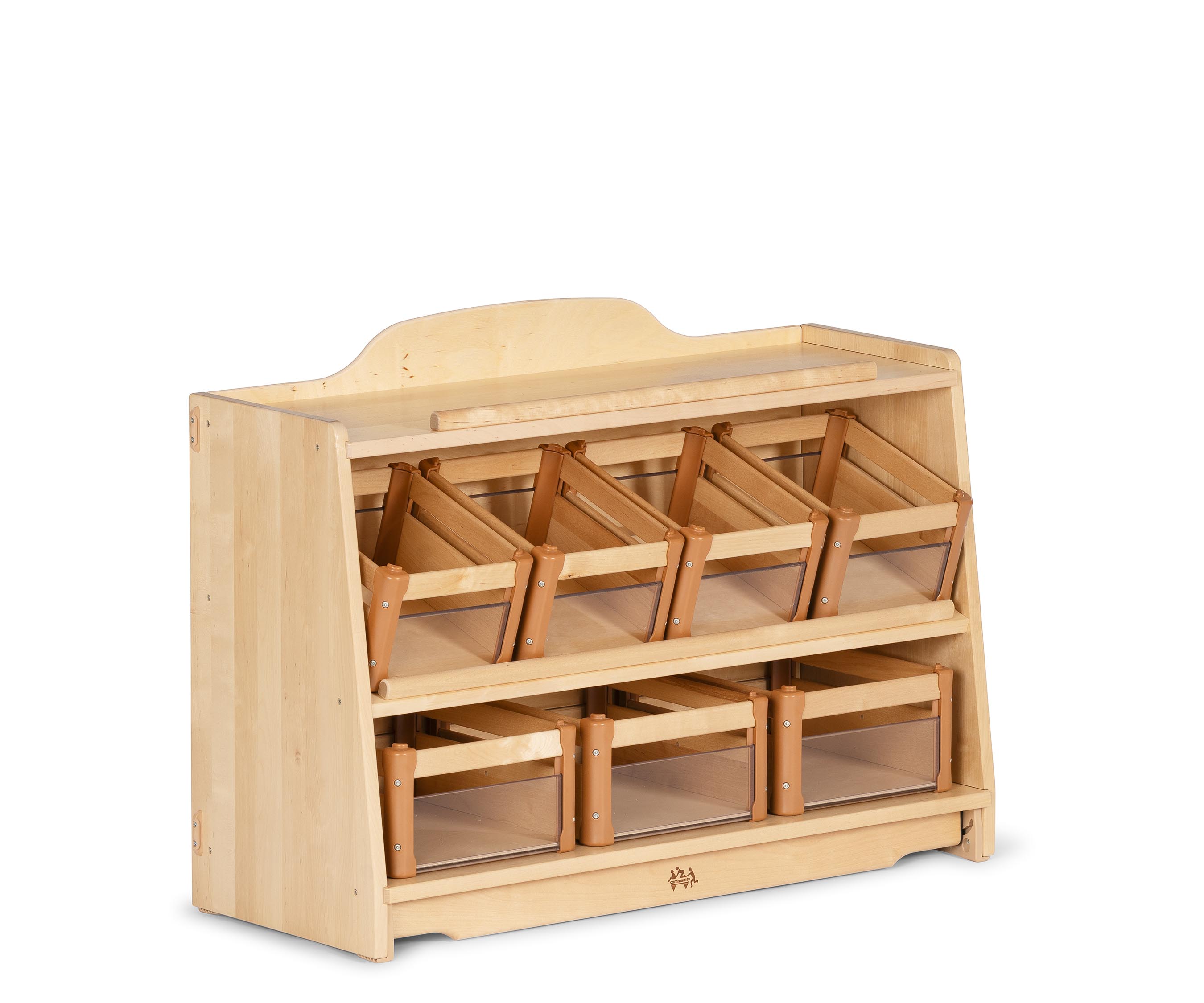 Solid wood Craft shelf with Clear carry crates.