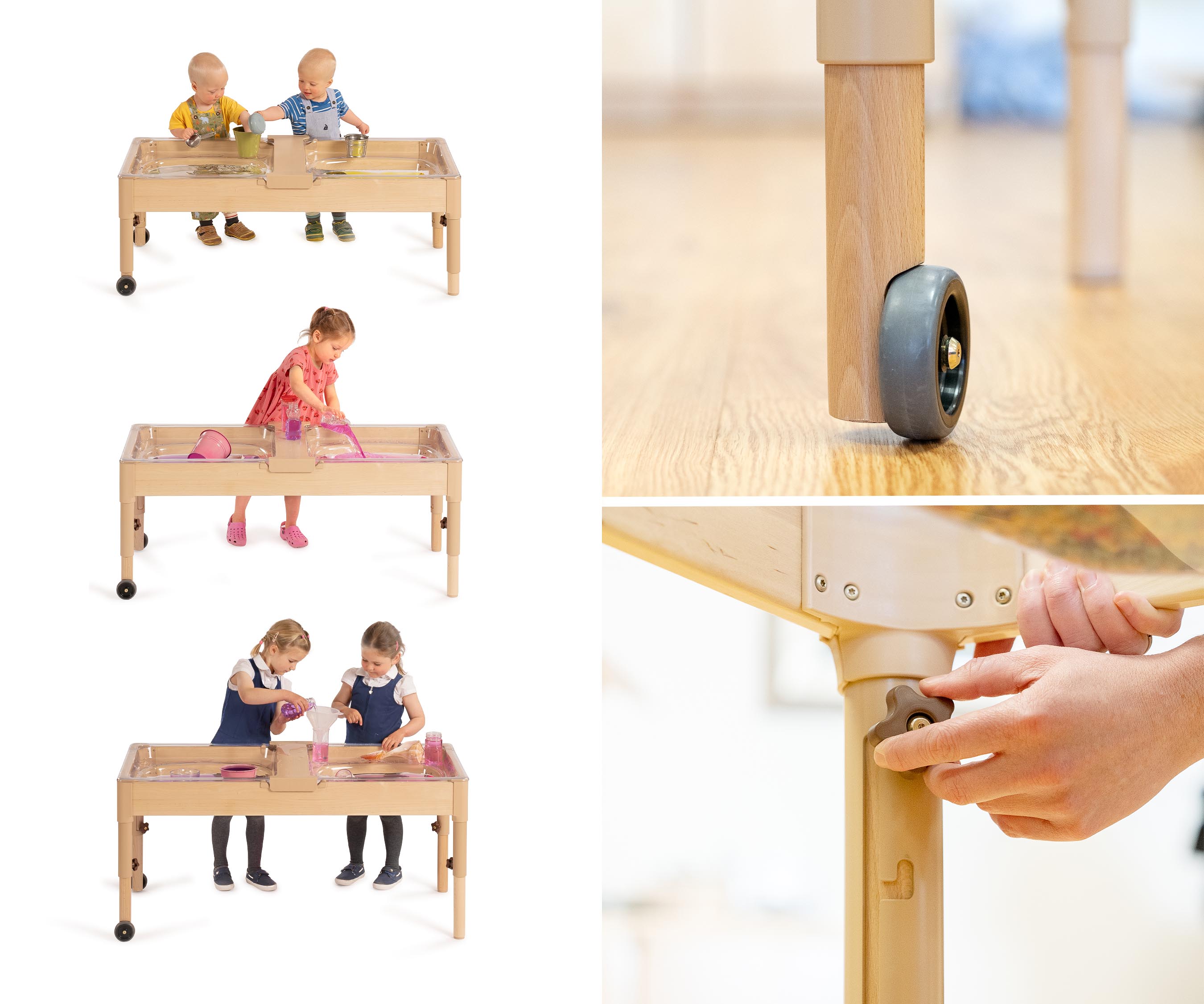 Small sand and water table, tan table leg features