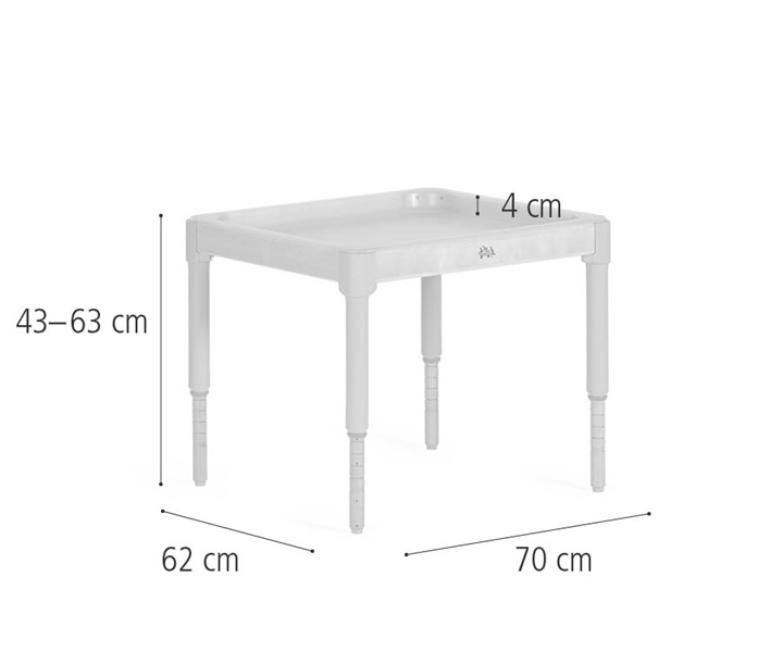 Dimensions of D413 Activity tray with medium adjustable legs