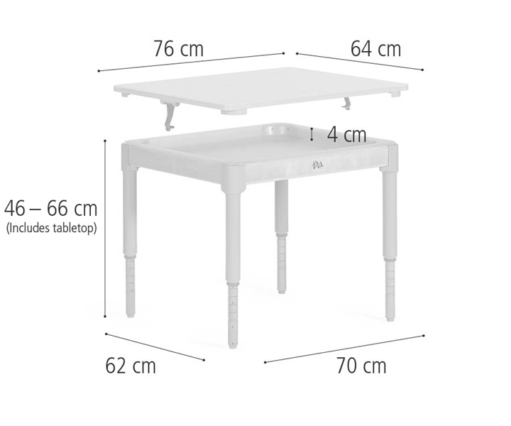 Dimensions of D414 Activity tray-table with medium adjustable legs