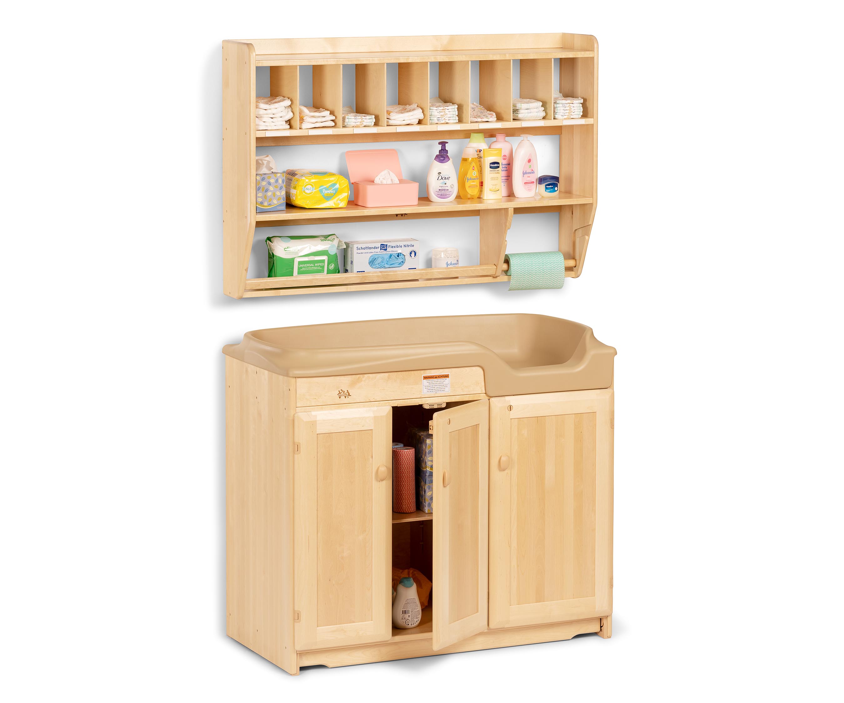 changing table with wall shelf mounted above