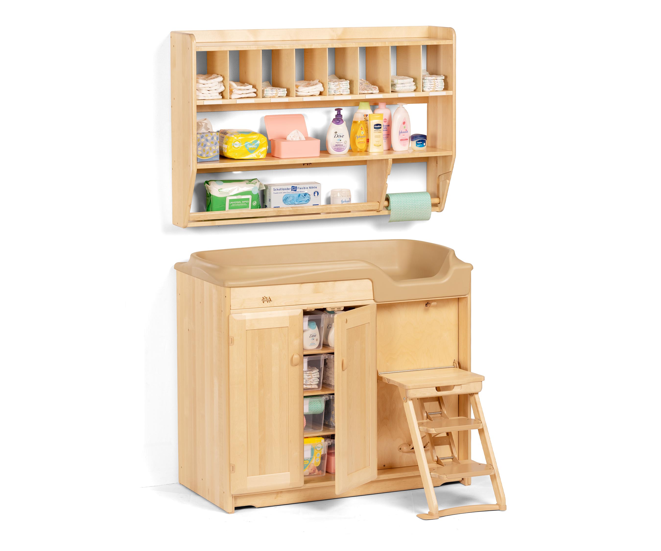 changing table with steps and wall shelf mounted above