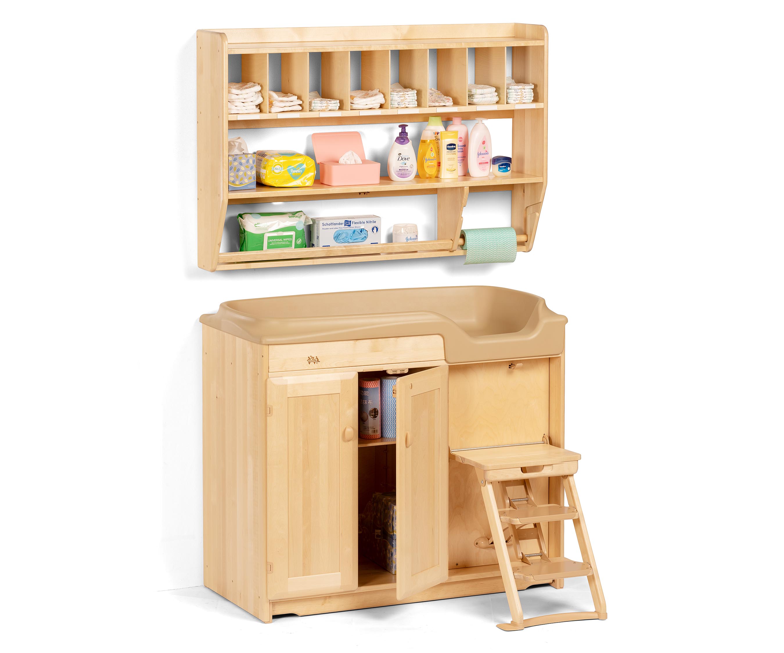 Changing table with steps and wall-mounted shelf