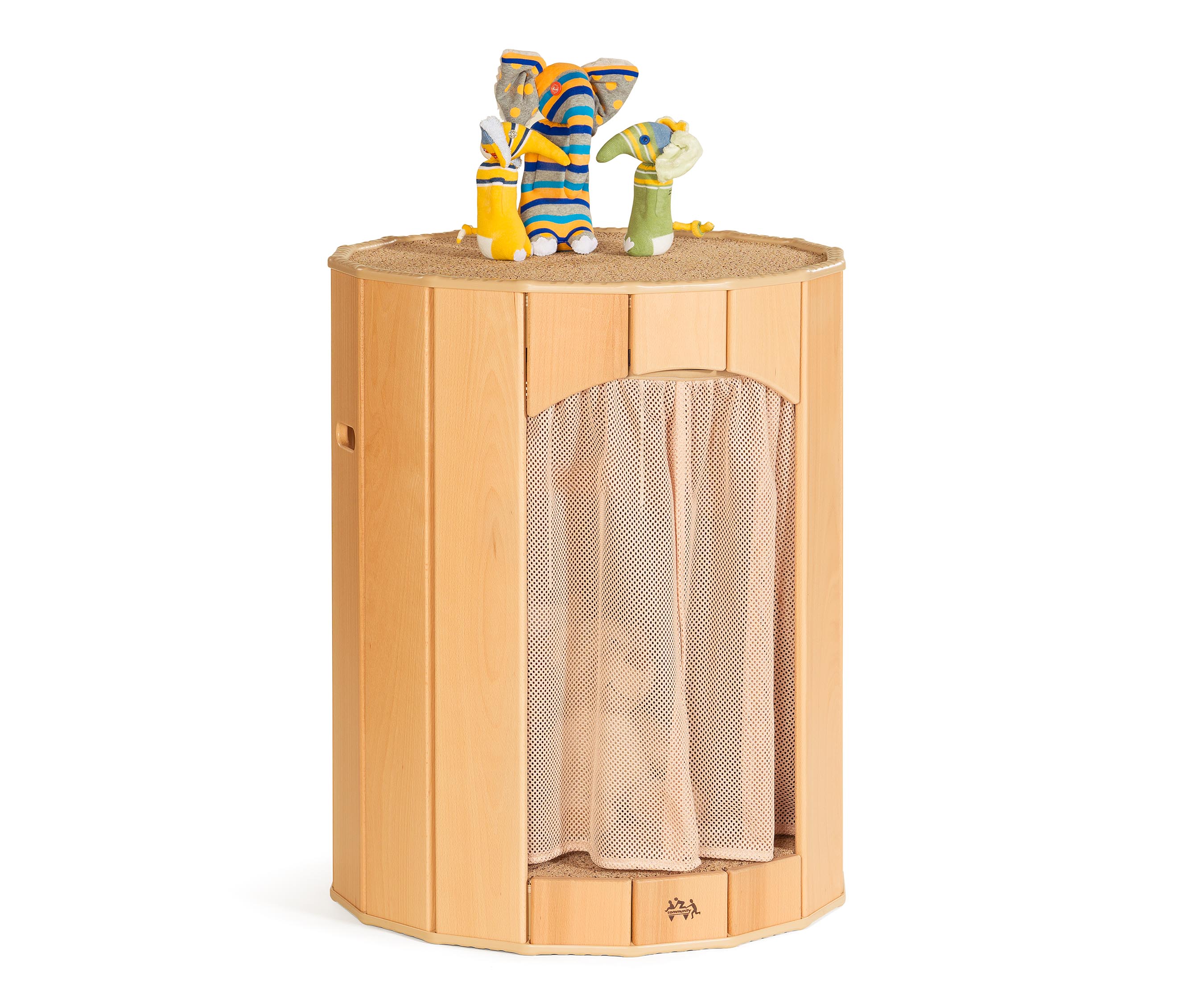 A Hollow nook calm corner set up with three handmade sock elephants on top and a mesh curtain shielding the entrance.