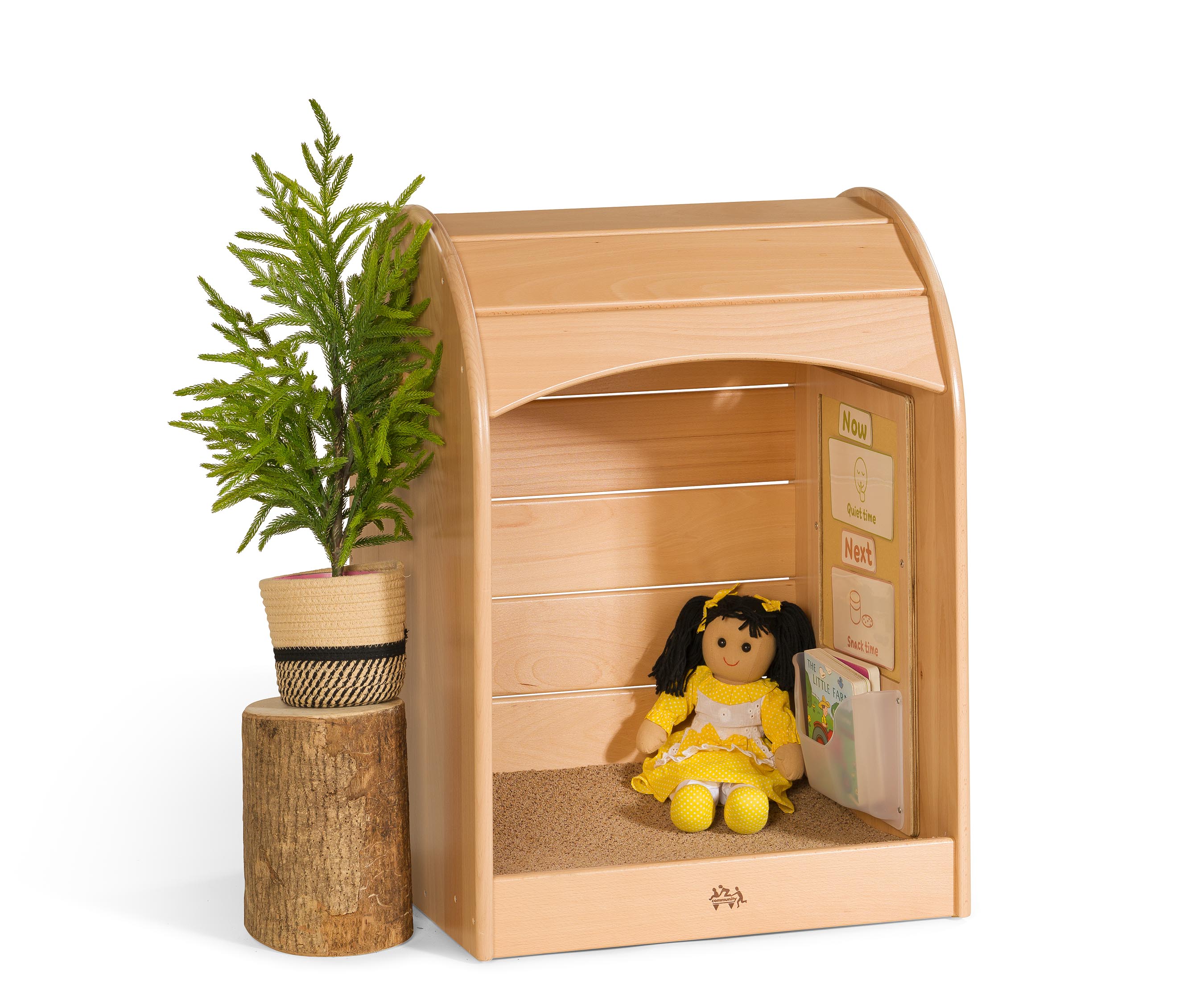 The Nest Nook calm corner set up with now-next cards on the felt board and a doll.