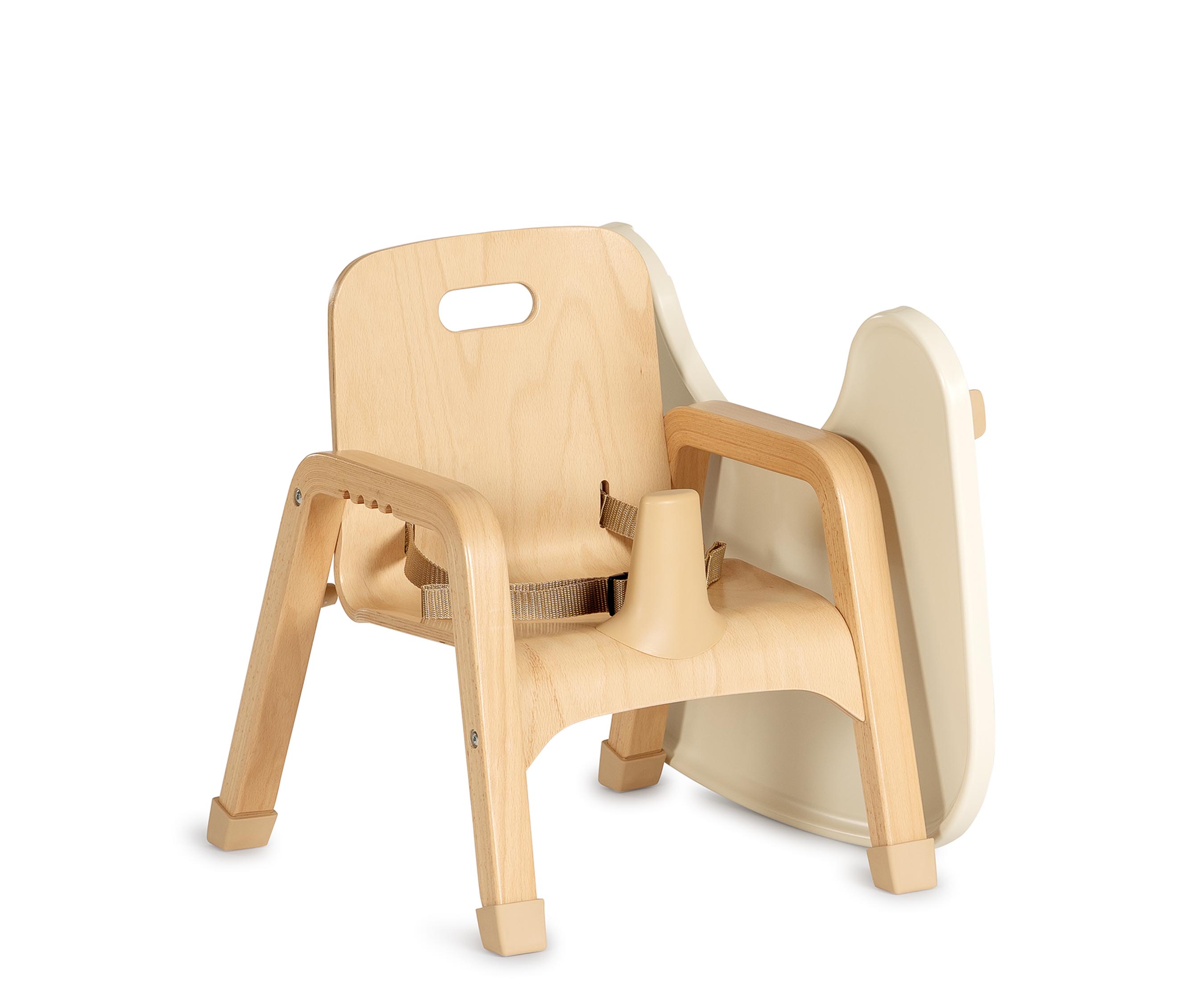Low level wooden feeding chair Low high chair Community Playthings