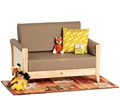 Nursery sofa with mocha-coloured cushions, and propped with a toy fox