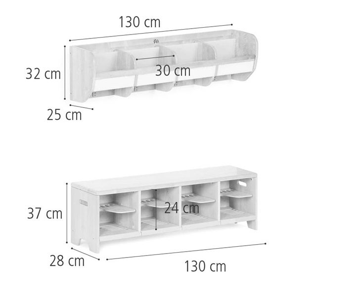 Premium wall cubbies and bench set 4, 130 cm dimensions