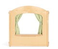 arched window panel with green curtains