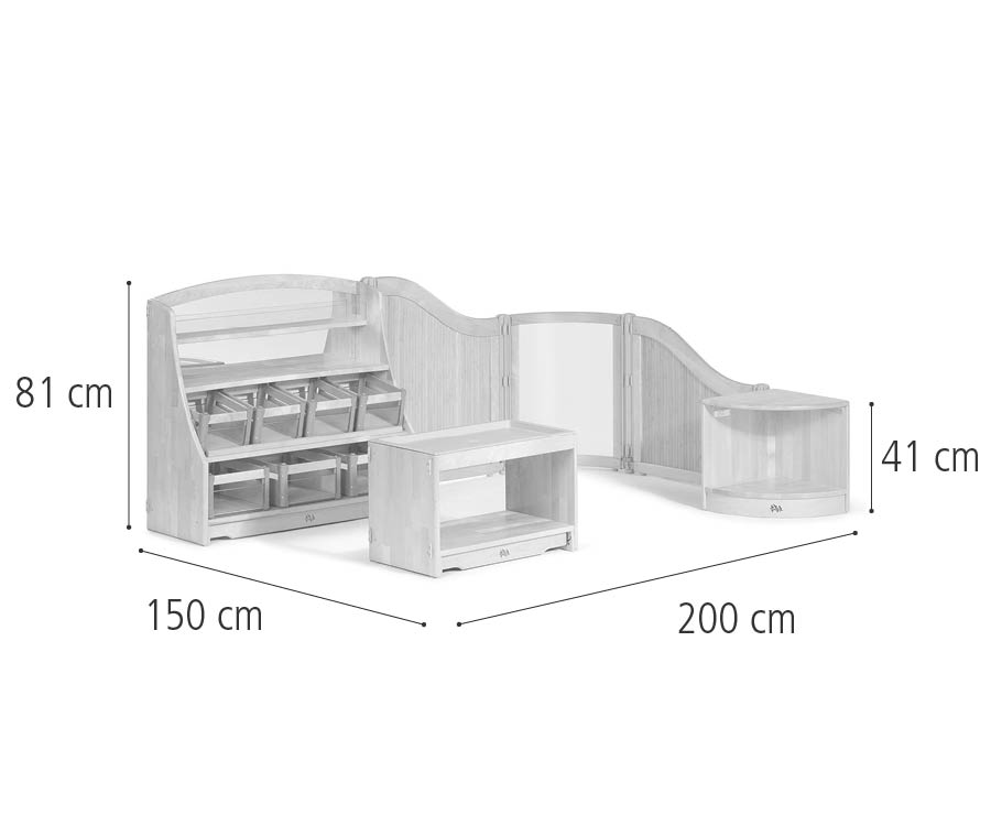 Solid wood furniture set up as a EYFS area with dimensions written in.