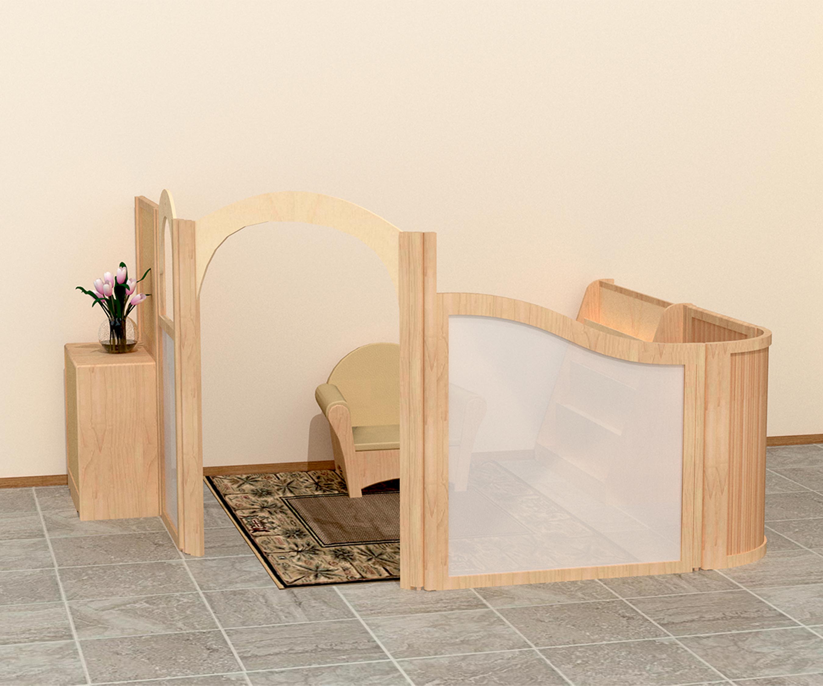 Wooden shelves and panels connected to make a reading area for schools and nurseries.