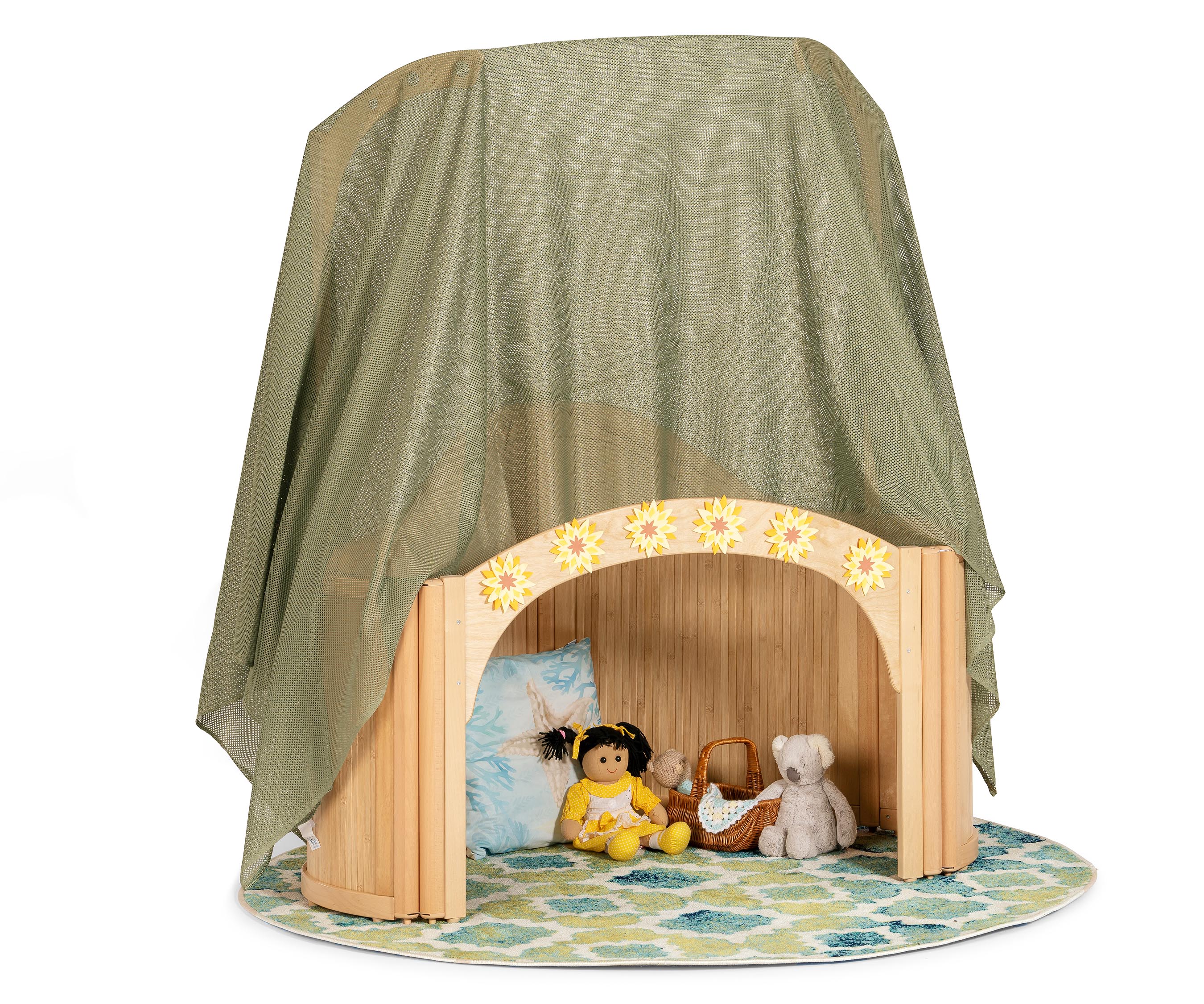 Cushions and soft toys inside a child-sized play den covered with a large sage mesh fabric
