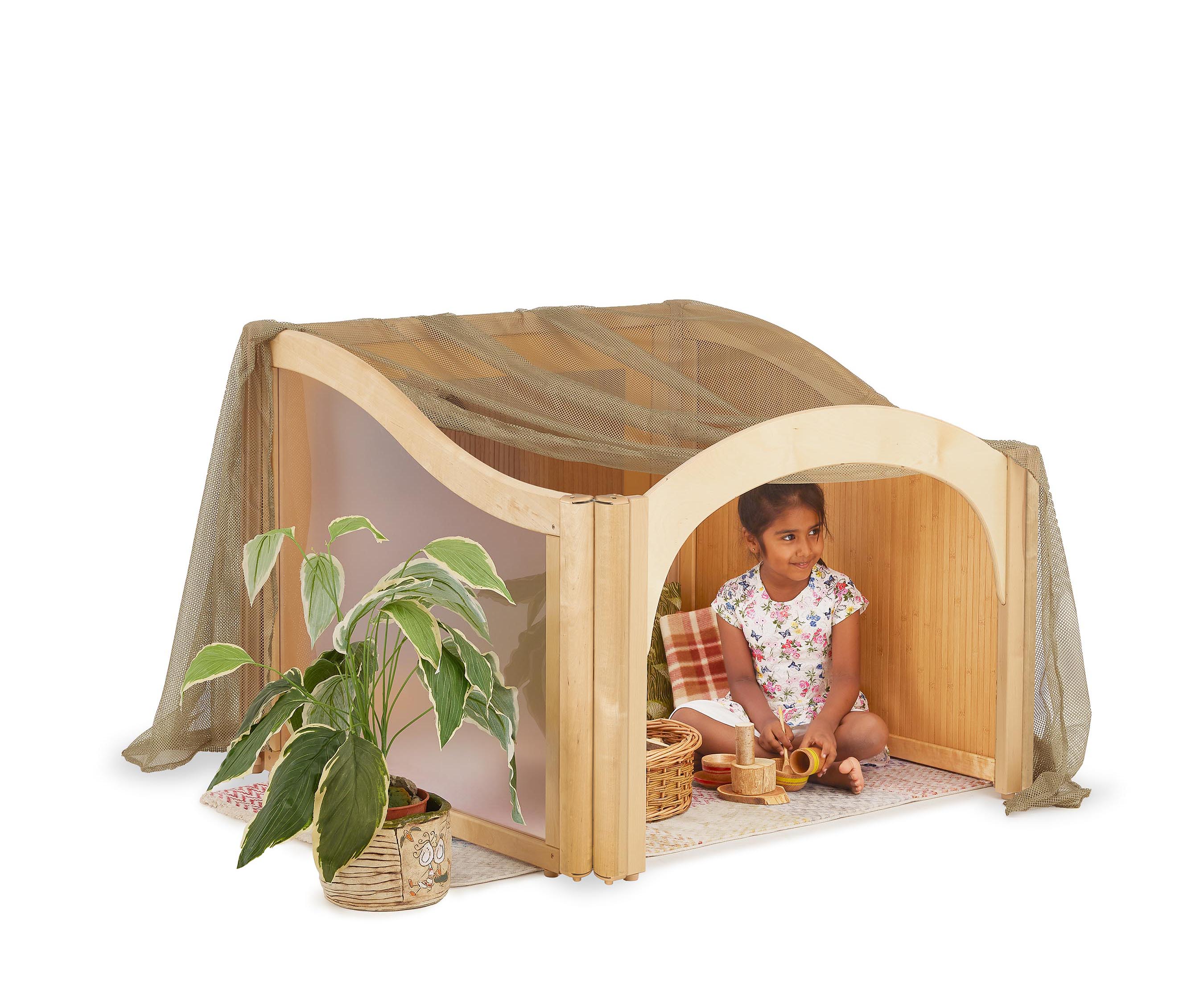 Cosy space with green fabric and natural wood for SEND, Montessori, Reggio or EYFS classroom.