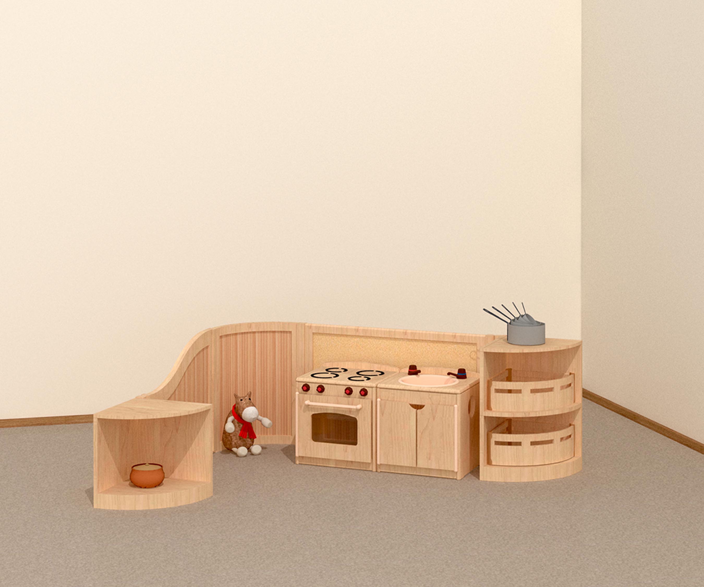 An enclosed toddler role play corner with a cooker and sink.